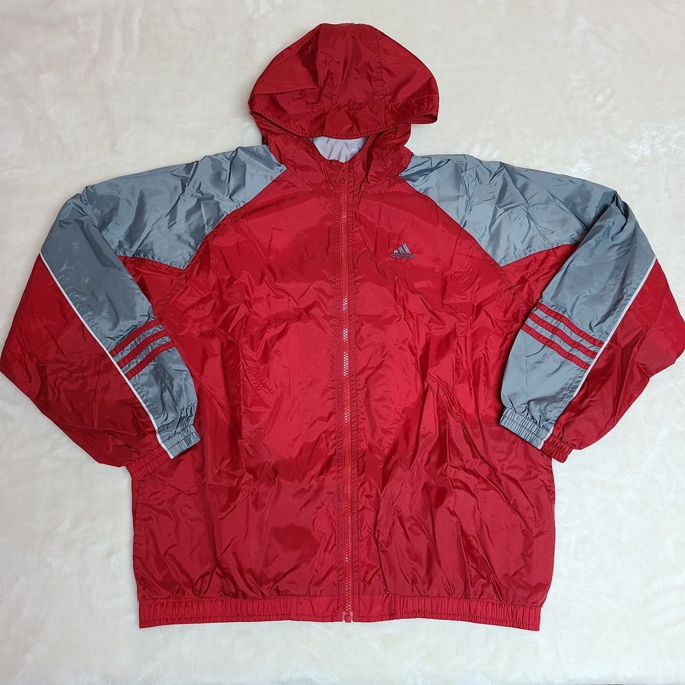 Adidas Vintage Boys XL Burgundy Gray Lined Jacket Wind Breaker 3 Stripes Nylon